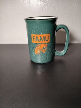 FAMU Green Speckled Ceramic Mug with Orange Logo